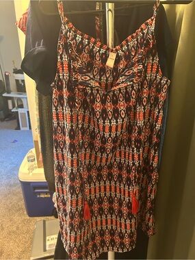 Navy and Coral Printed Spaghetti-Strap Mini Dress